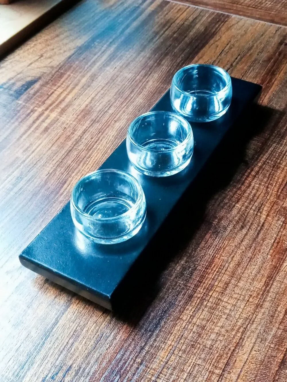 3-Cup Glass Votive/Tealight Candle Holder Centerpiece w/Black Wooden Tray Decor